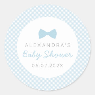 Bow tie blue gingham baby shower classic round sticker