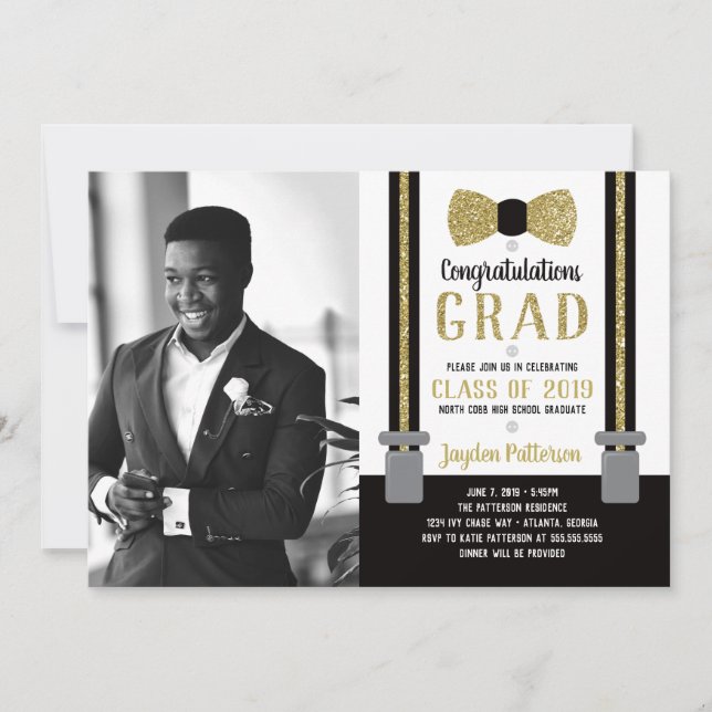 Bow Tie Graduation Party Invitation, Black, Gold Invitation (Front)