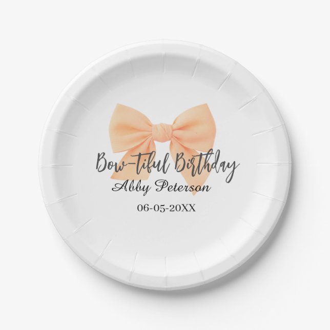 Bow-tiful birthday orange bow name date simple pas paper plate (Front)