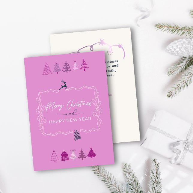 Bow & Trees Doodle Pastel Lavander Holiday Card (Festive Bow & Chic Trees Doodle Pastel Lavander Holiday Card)