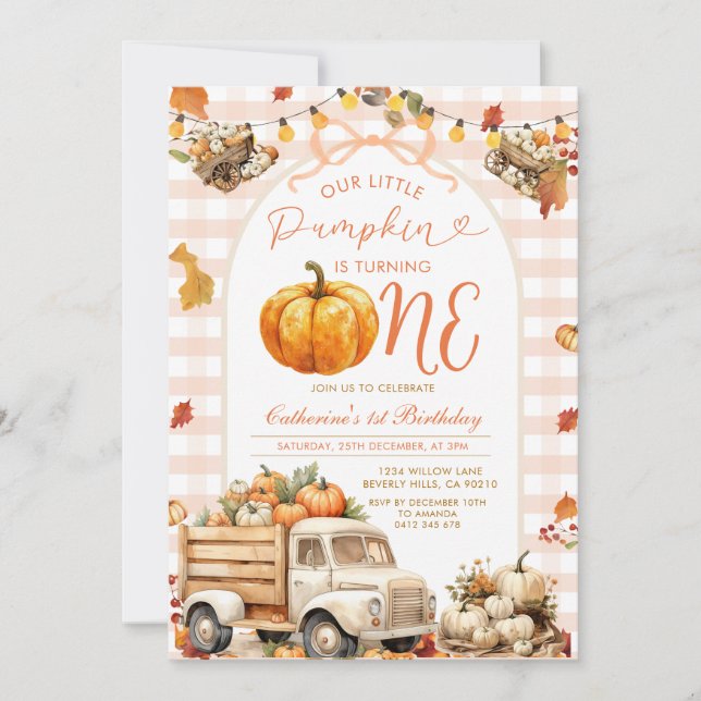 Bow Truck Pumpkin 1st Birthday Fall Autumn Floral Invitation (Front)