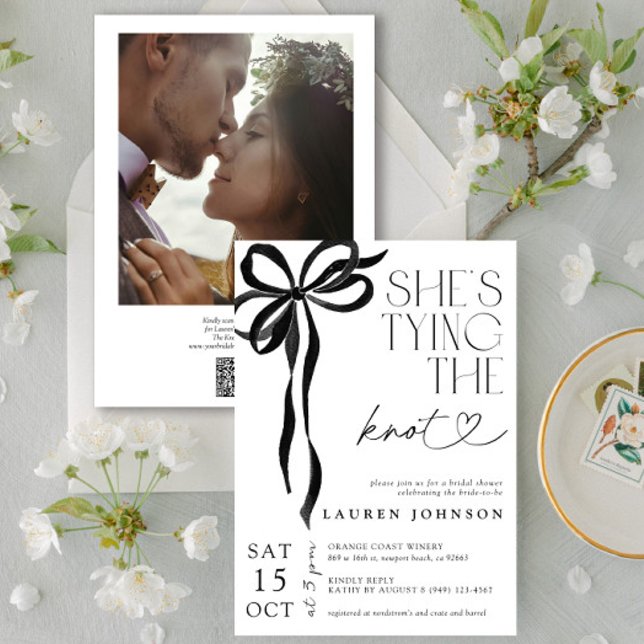 Bow Tying the Knot Photo QR Bridal Shower Invitation (Creator Uploaded)