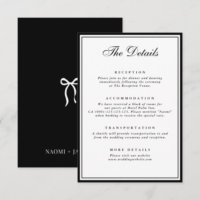 Bow Vintage Black & White Wedding Details Enclosure Card (Front/Back)