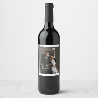 Bow Vintage Script Custom Photo Wedding Wine Label