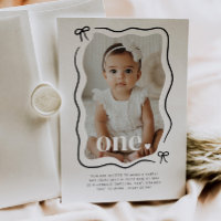 Bow Wavy Border Photo 1st Birthday Invitation