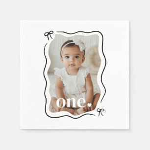 Bow Wavy Border Photo 1st Birthday Napkin