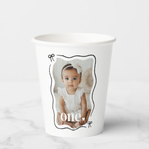 Bow Wavy Border Photo 1st Birthday Paper Cups