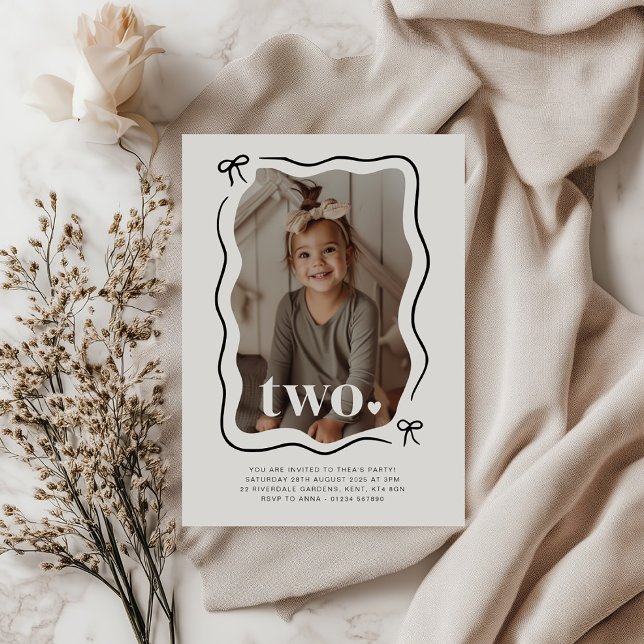 Bow Wavy Border Photo 2nd Birthday Invitation (Creator Uploaded)