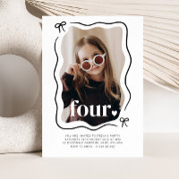 Bow Wavy Border Photo 4th Birthday Invitation