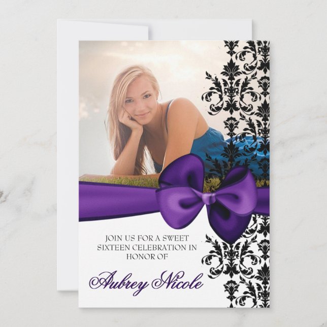 Bowed Damask Accented 5 x 7 Invite [Purple] (Front)