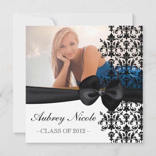 Bowed Floral Damask Graduation Invite [Black] (Front)