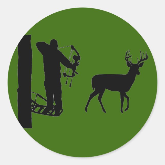 Bowhunter in Treestand Shooting Deer Classic Round Sticker (Front)