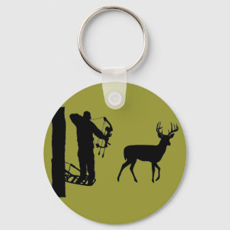Bowhunter in Treestand Shooting Deer Key Ring