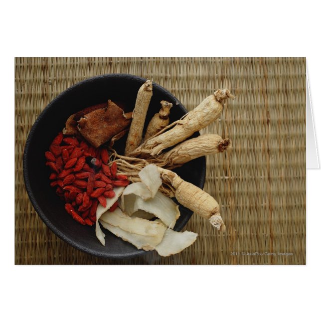 Bowl filled with Chinese medicinal herbs (Front Horizontal)