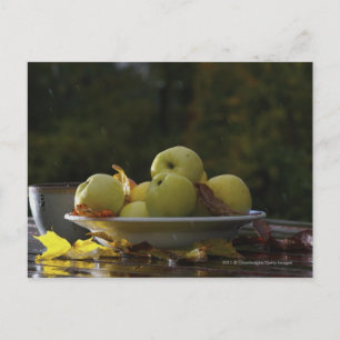 Bowl of apples and leaves postcard
