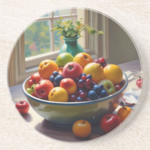 Bowl of fruit on a table oil painting coaster