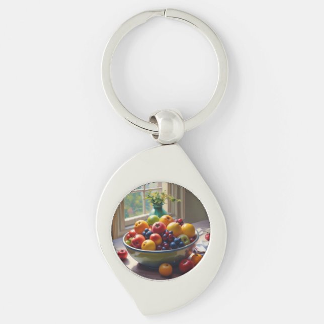 Bowl of fruit on table classical oil painting key ring (Front)
