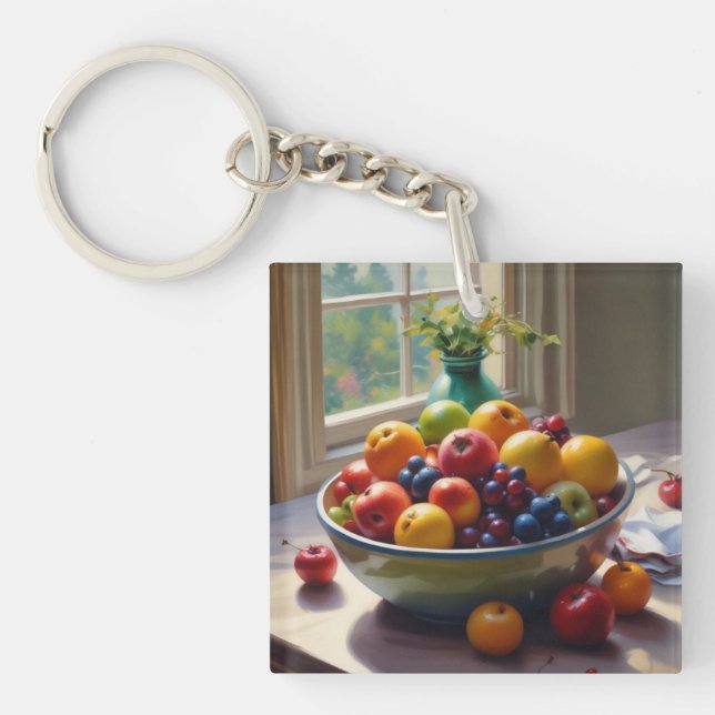 Bowl of fruit on table classical oil painting key ring (Front)