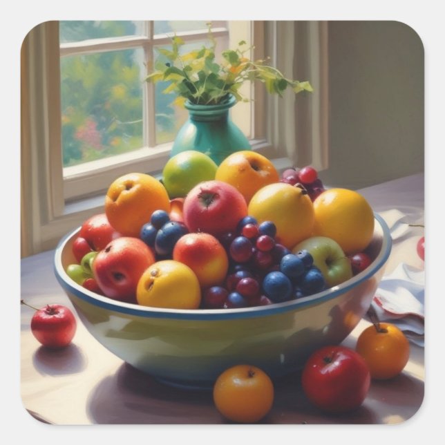 Bowl of fruit on table classical oil painting square sticker (Front)