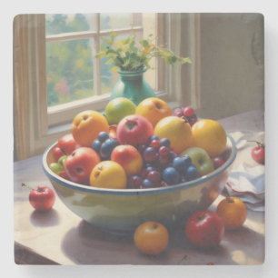 Bowl of fruit on table classical oil painting stone coaster