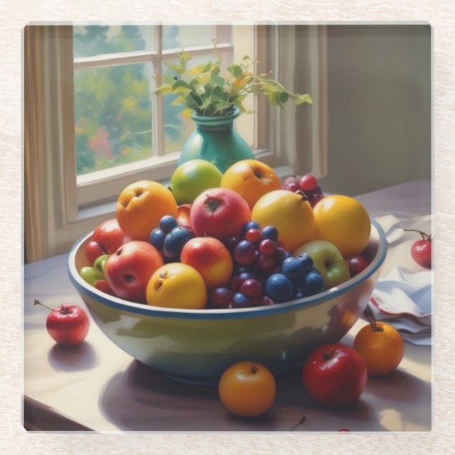 Bowl of fruit sitting on a table oil painting glass coaster (Front)