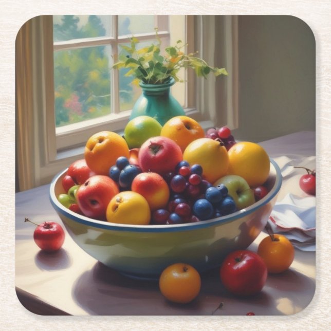 Bowl of fruit sitting on a table oil painting square paper coaster (Front)