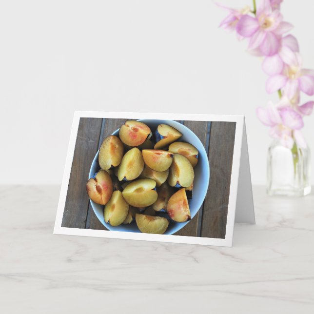 Bowl of Sliced Plum Fruit on Wooden Table Card (Orchid)