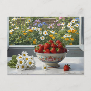 Bowl with Fresh Strawberries and Daisy Flowers Postcard
