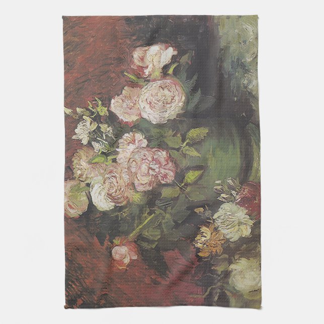 Bowl with Peonies and Roses by Vincent van Gogh    Tea Towel (Vertical)
