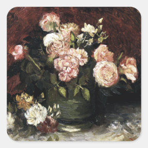 Bowl with Peonies and Roses - Gogh Square Sticker
