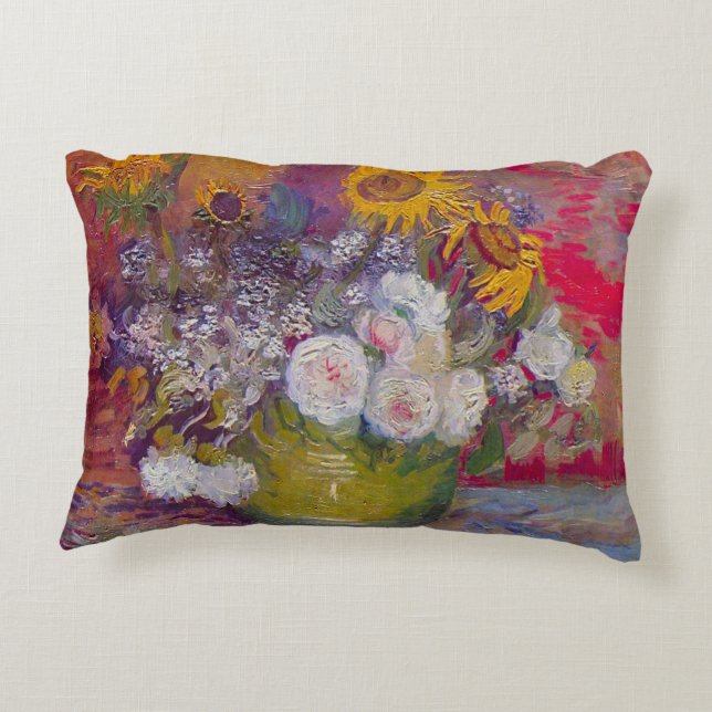 Bowl with Sunflowers and Roses by Vincent van Gogh Decorative Cushion (Back)