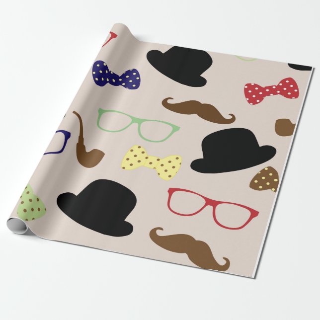 Bowler Hats Pipes Glasses Moustaches For Him Wrapping Paper (Unrolled)