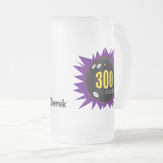 Bowling 300 Game, Purple with Bowling Ball Art, Frosted Glass Beer Mug (Front Right)