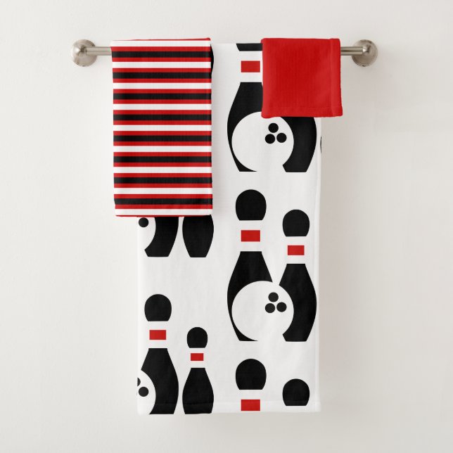 Bowling ball and pins  black and red stripes bath towel set (Insitu)