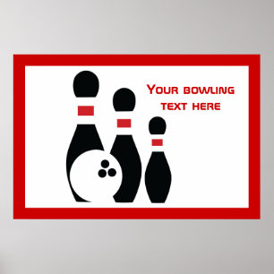 Bowling ball and pins black red custom poster