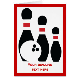 Bowling ball and pins vertical greeting card