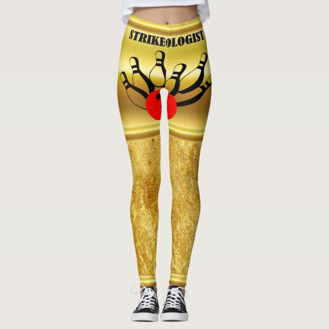 Bowling ball and pins with the word STRIKEOLOGIST Leggings (Front)