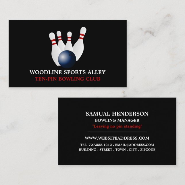 Bowling Ball & Pins, Ten-Pin Bowling Club Business Card (Front/Back)