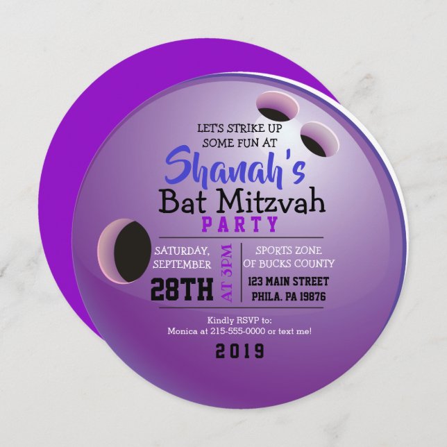 BOWLING BALL ROUND Bat Mitzvah Party Invitation (Front/Back)