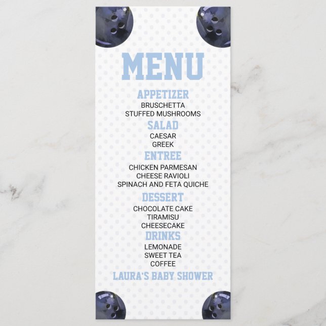 Bowling Ball Sports Blue Baby Shower Food Menu (Front)