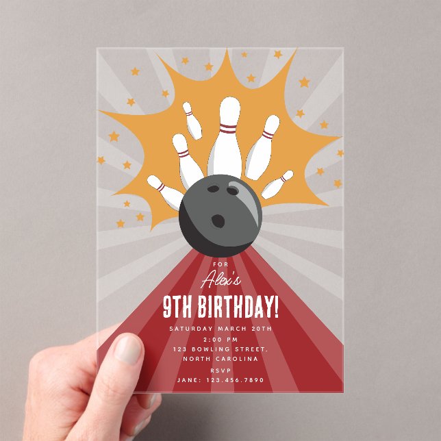 Bowling Ball Strike Up Some Fun Kids Birthday  Acrylic Invitations (Insitu (Handheld))