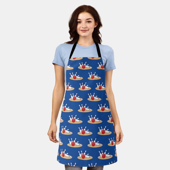 Bowling Ball Striking Skittles Pattern Apron (Worn)