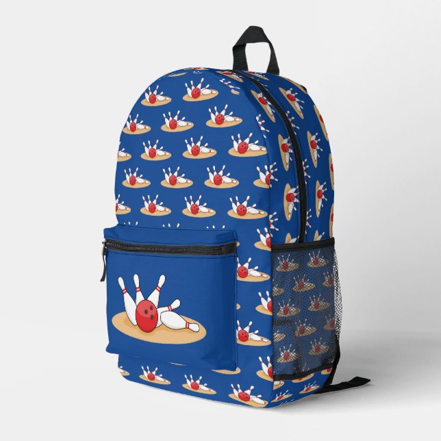 Bowling Ball Striking Skittles Pattern Printed Backpack (Back Corner Right)