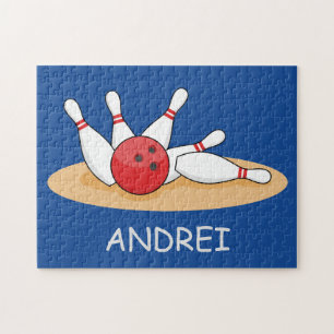 Bowling Ball Striking Skittles Personalize Jigsaw Puzzle
