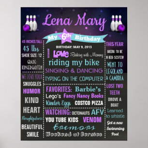 Bowling Birthday chalk board sign girl