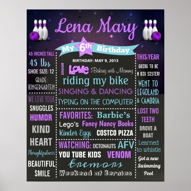 Bowling Birthday chalk board sign girl (Front)