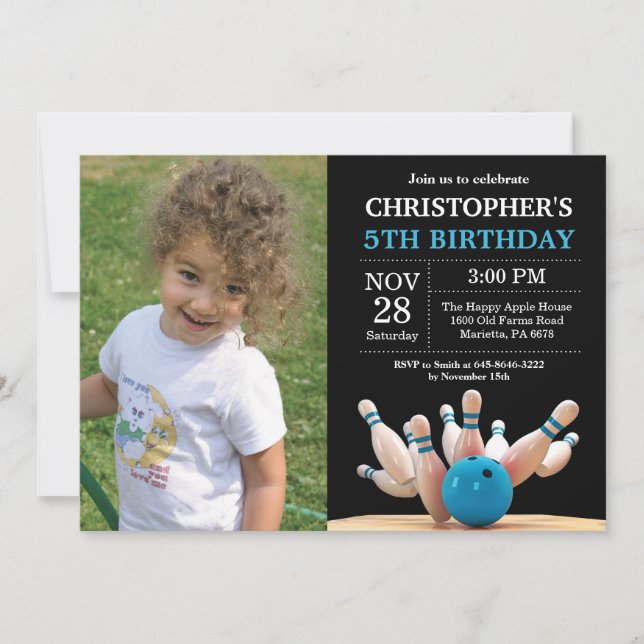 Bowling Birthday Invitation Birthday Party Blue (Front)