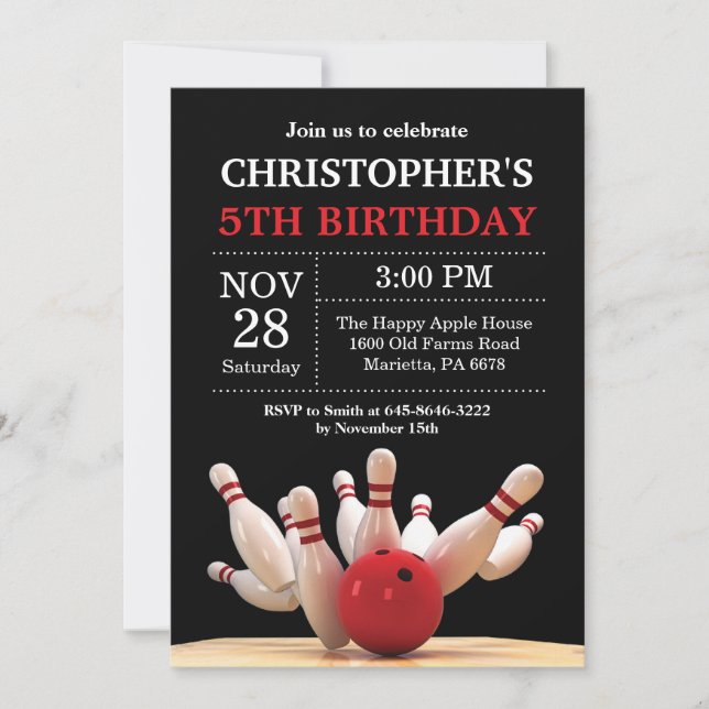 Bowling Birthday Invitation Birthday Party Red (Front)