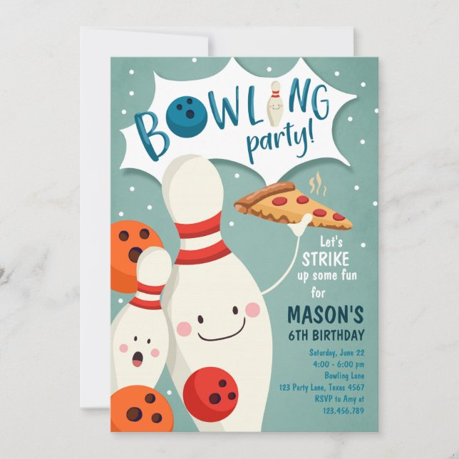 Bowling Birthday Invitation Boy Pizza Strike Up (Front)