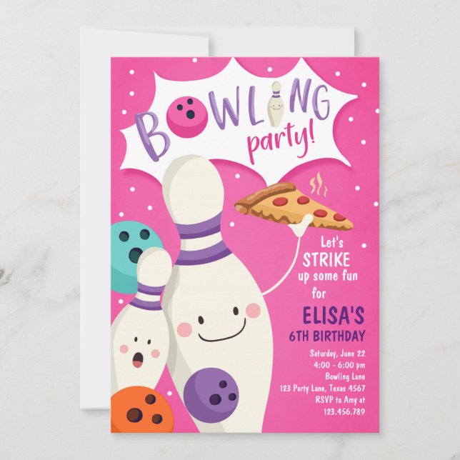 Bowling Birthday Invitation Girl Pink Pizza Strike (Front)